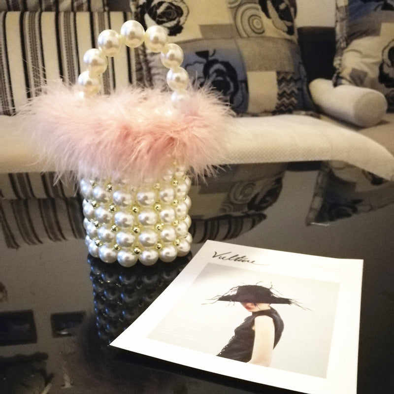 Retro Ladies And Fairies Single-shoulder Beaded Pearl And Fur Bucket Bag