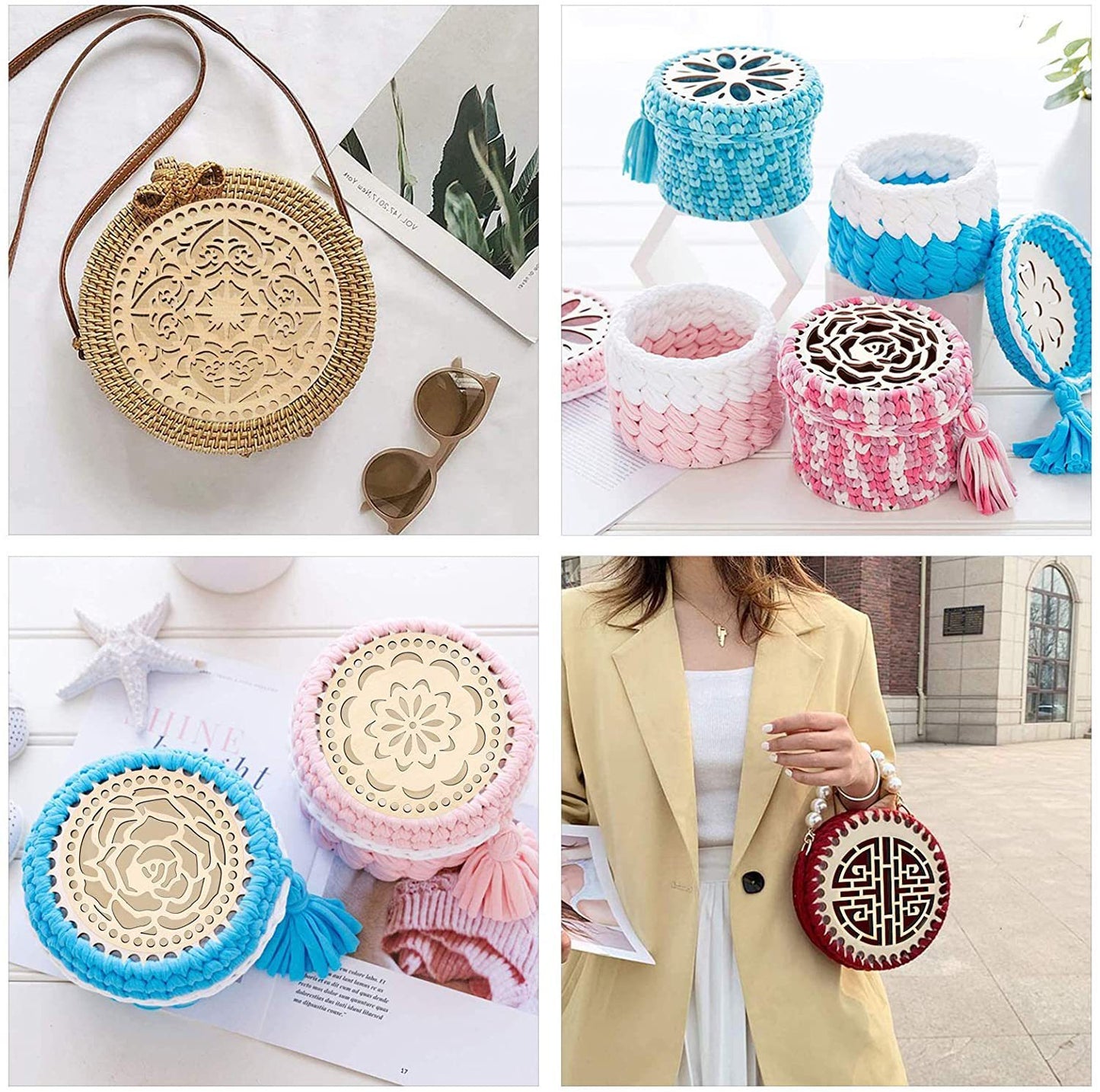2pcs Wooden Round Hollow Flower Pattern Bag