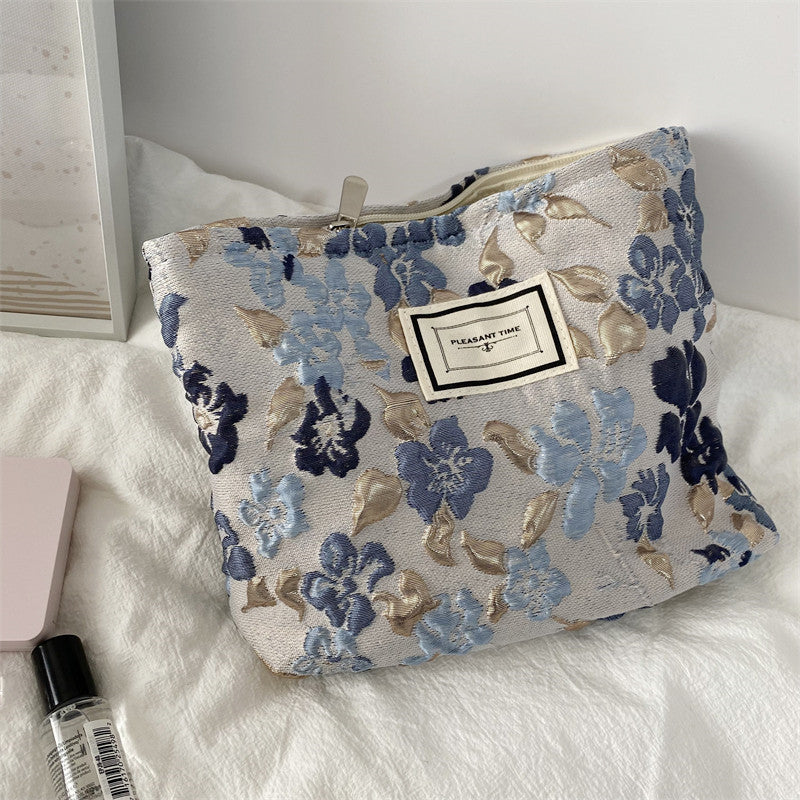 Simple French Embossed Flower Cosmetic Bag