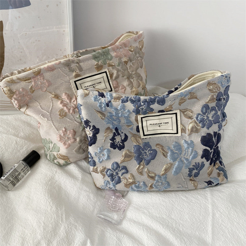 Simple French Embossed Flower Cosmetic Bag