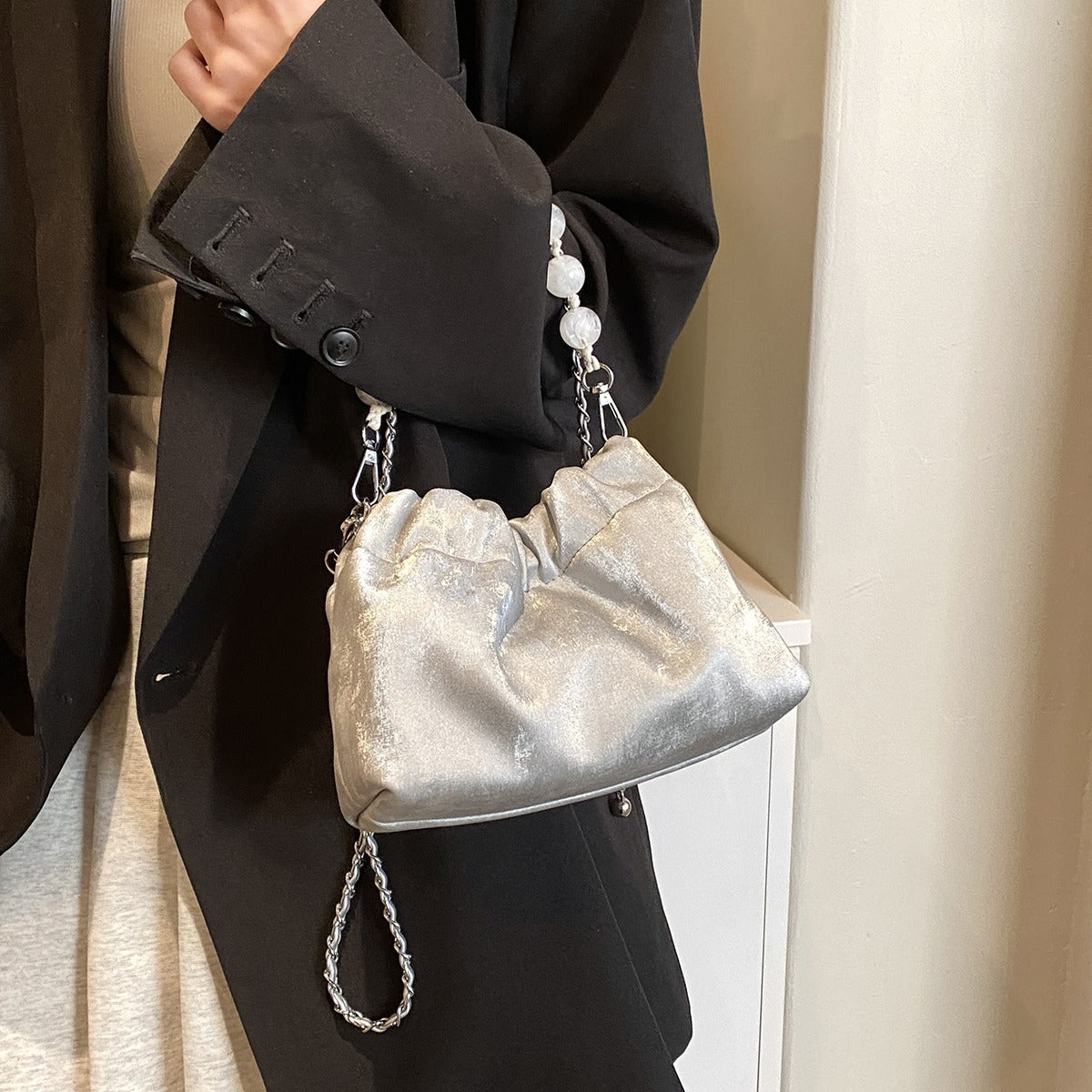 Beaded Portable New Chinese Style Bag Fashion Bucket Bag Velvet Chain Messenger Bag