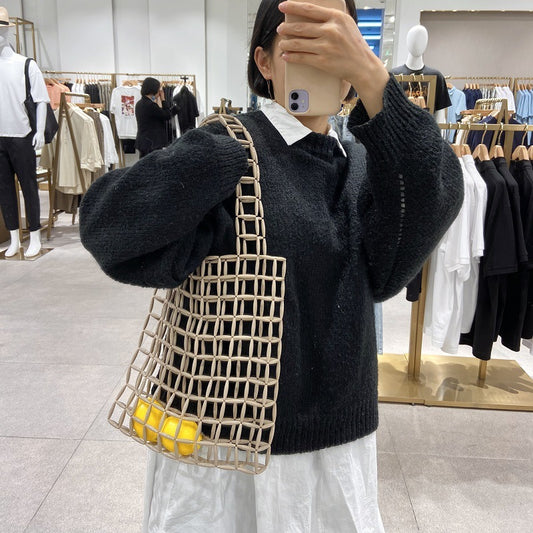 Vintage Multicolor Beaded Handmade Shopping Bag Long Acrylic Beads Diy Hollow Mesh Woven Handbag Shoulder Bag Bracelet