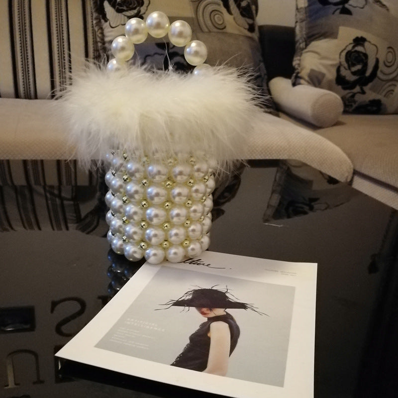 Retro Ladies And Fairies Single-shoulder Beaded Pearl And Fur Bucket Bag