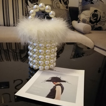 Retro Ladies And Fairies Single-shoulder Beaded Pearl And Fur Bucket Bag