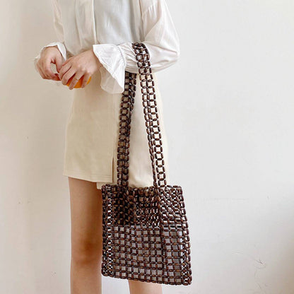 Hand-woven Niche Design Wood Beaded One-shoulder Diagonal Bag